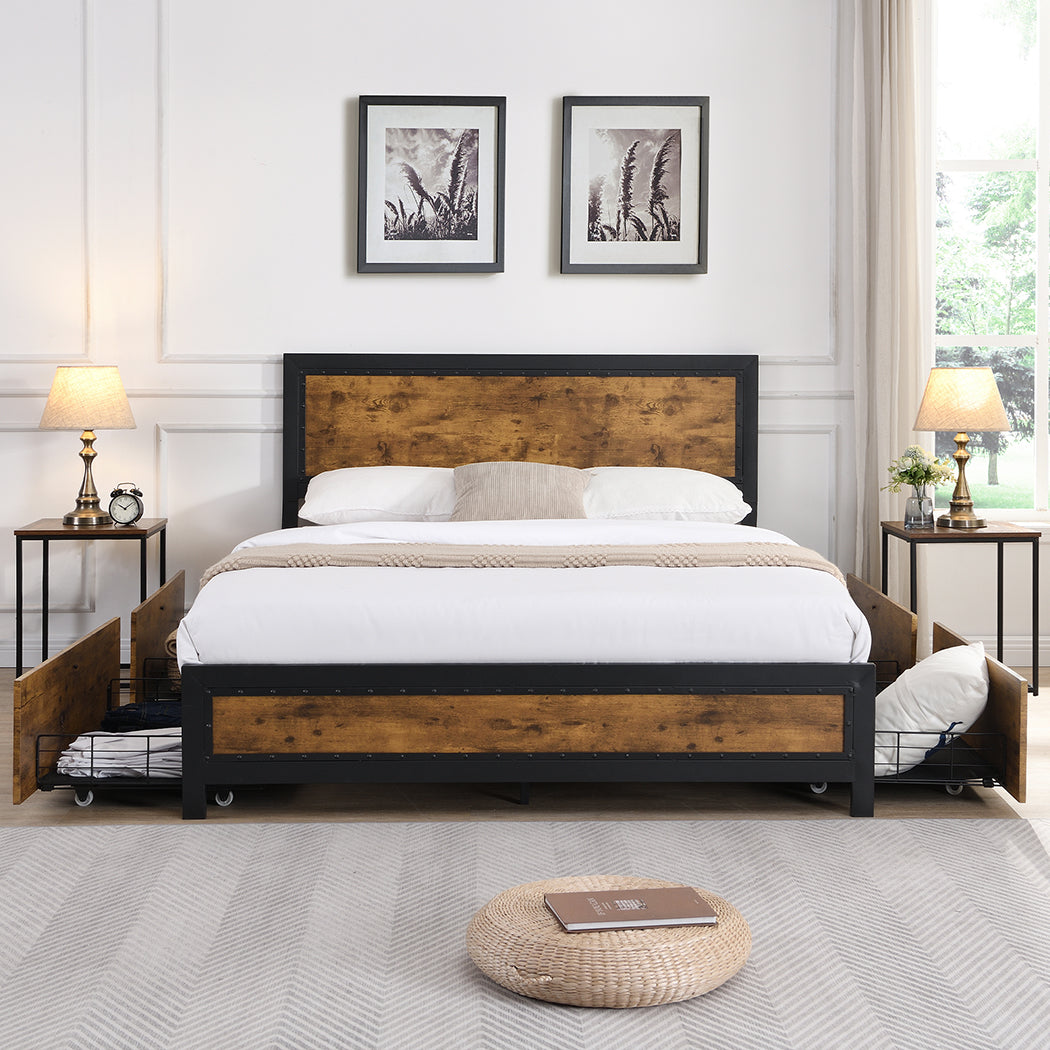 Mara Metal Bed Frame Platform Wooden with 4 Drawers Rustic - Black & Wood Queen