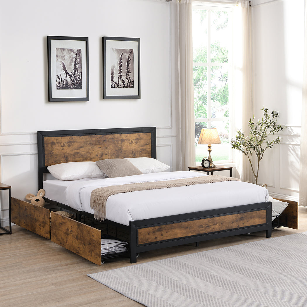 Mara Metal Bed Frame Platform Wooden with 4 Drawers Rustic - Black & W ...