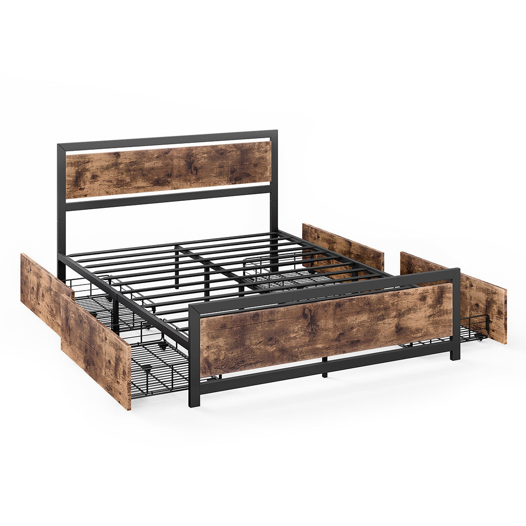 Ruth Metal Bed Frame Platform Wooden with 4 Drawers Rustic - Black & Wood Queen