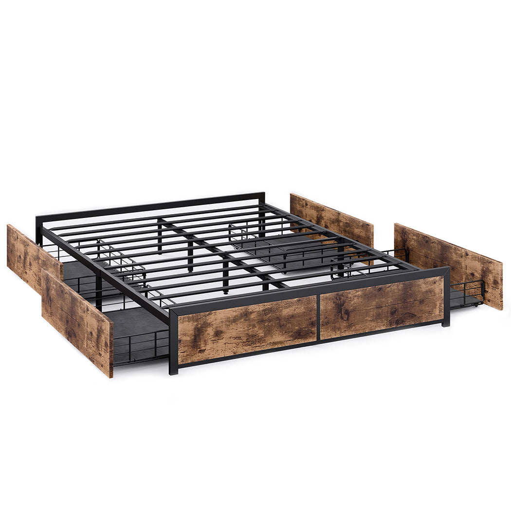 Neri Metal Bed Frame Platform Wooden with 4 Drawers - Black & Wood Queen