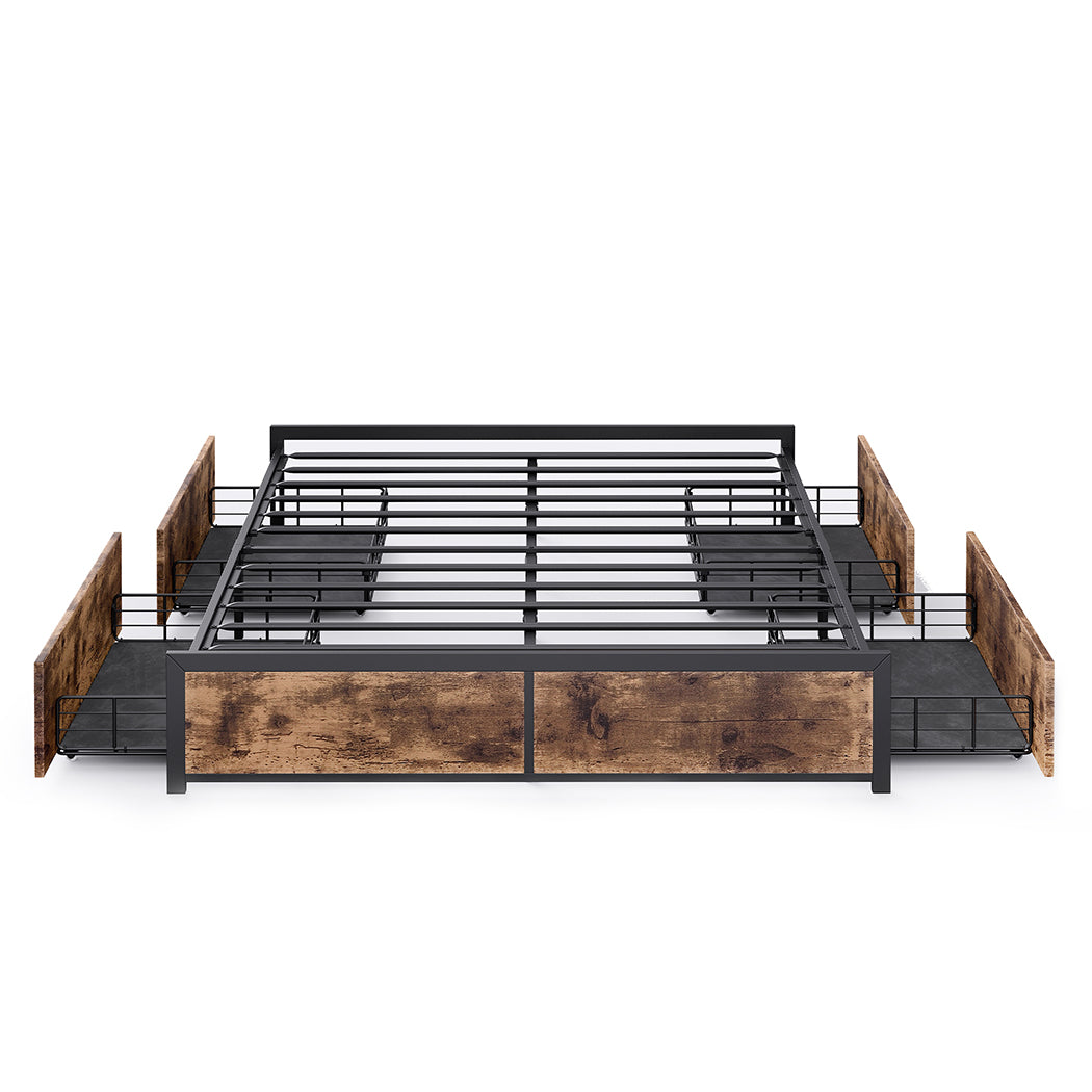 Neri Metal Bed Frame Platform Wooden with 4 Drawers - Black & Wood Double