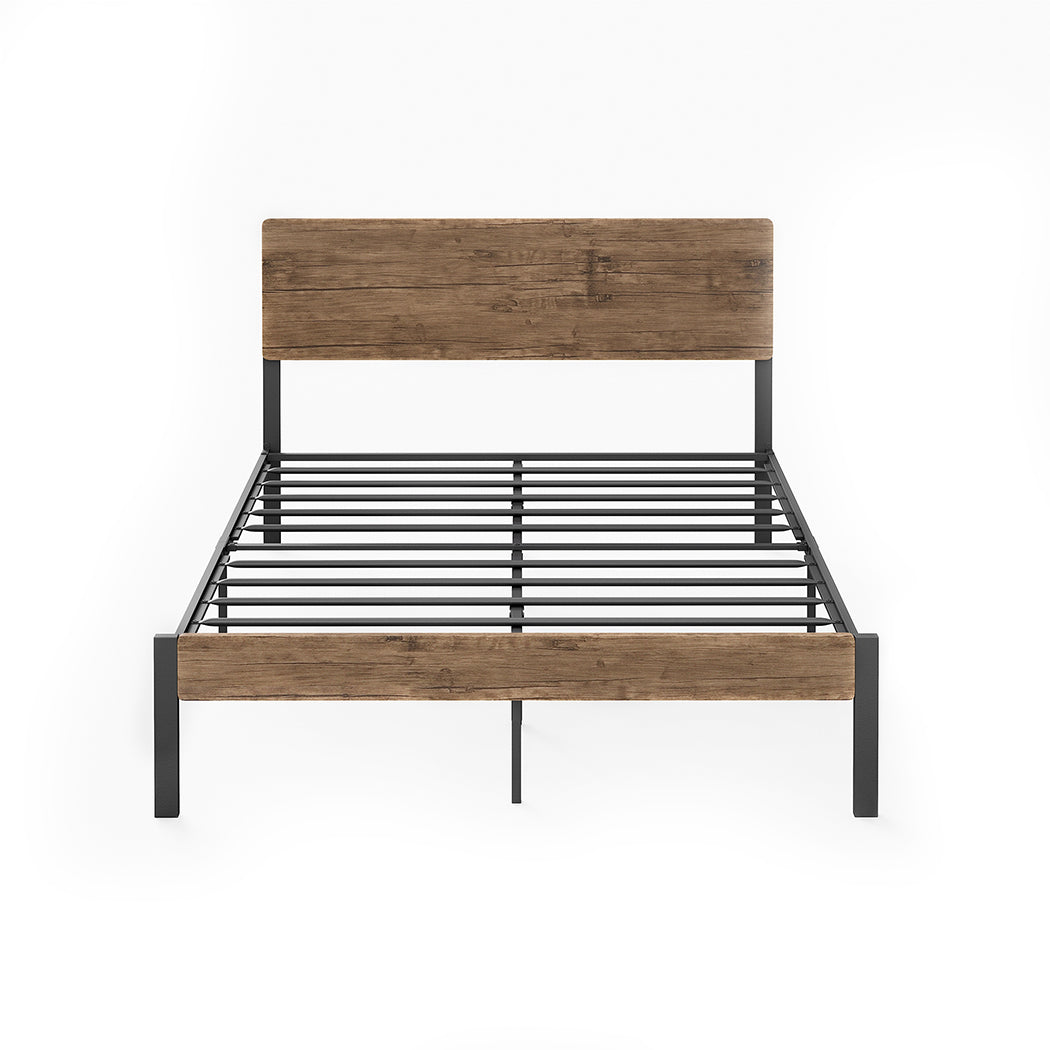 Ruden Metal Bed Frame Base Platform Wooden Headboard - Brown Queen