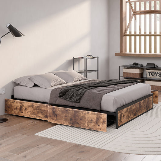 Neri Metal Bed Frame Platform Wooden with 4 Drawers - Black & Wood Double