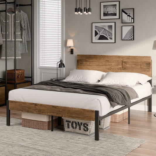 Ruden Metal Bed Frame Base Platform Wooden Headboard - Brown King