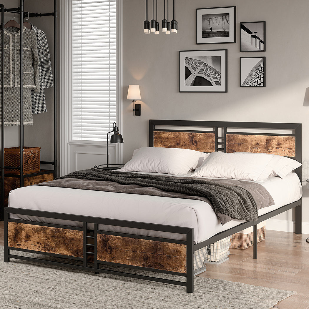 Royal Metal Bed Frame Base Platform Wooden Headboard - Black Queen