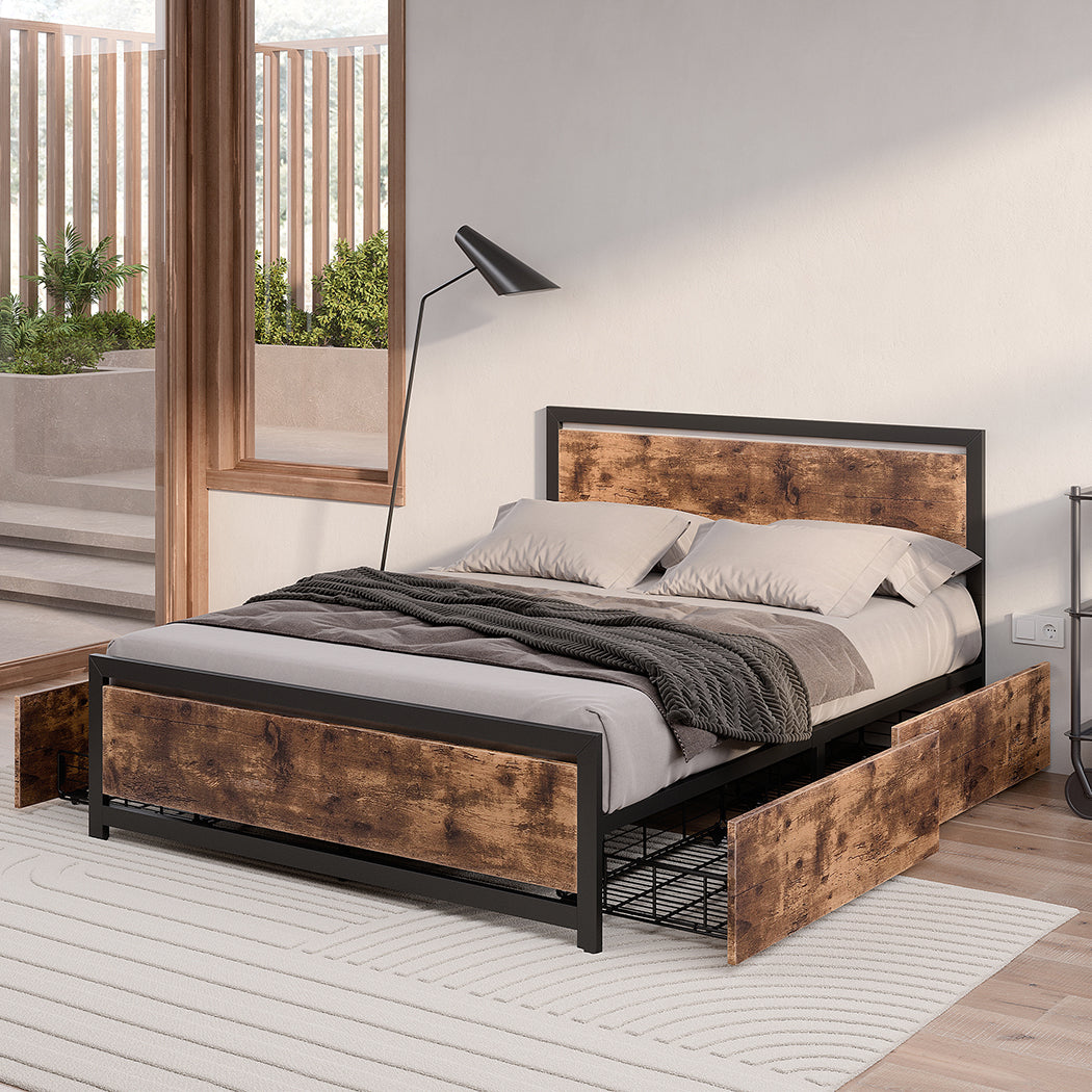 Ruth Metal Bed Frame Platform Wooden with 4 Drawers Rustic - Black & Wood Queen