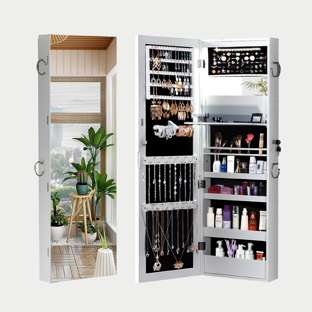 Wall Mounted or Hang Over Mirror Jewellery Cabinet with LED Light White