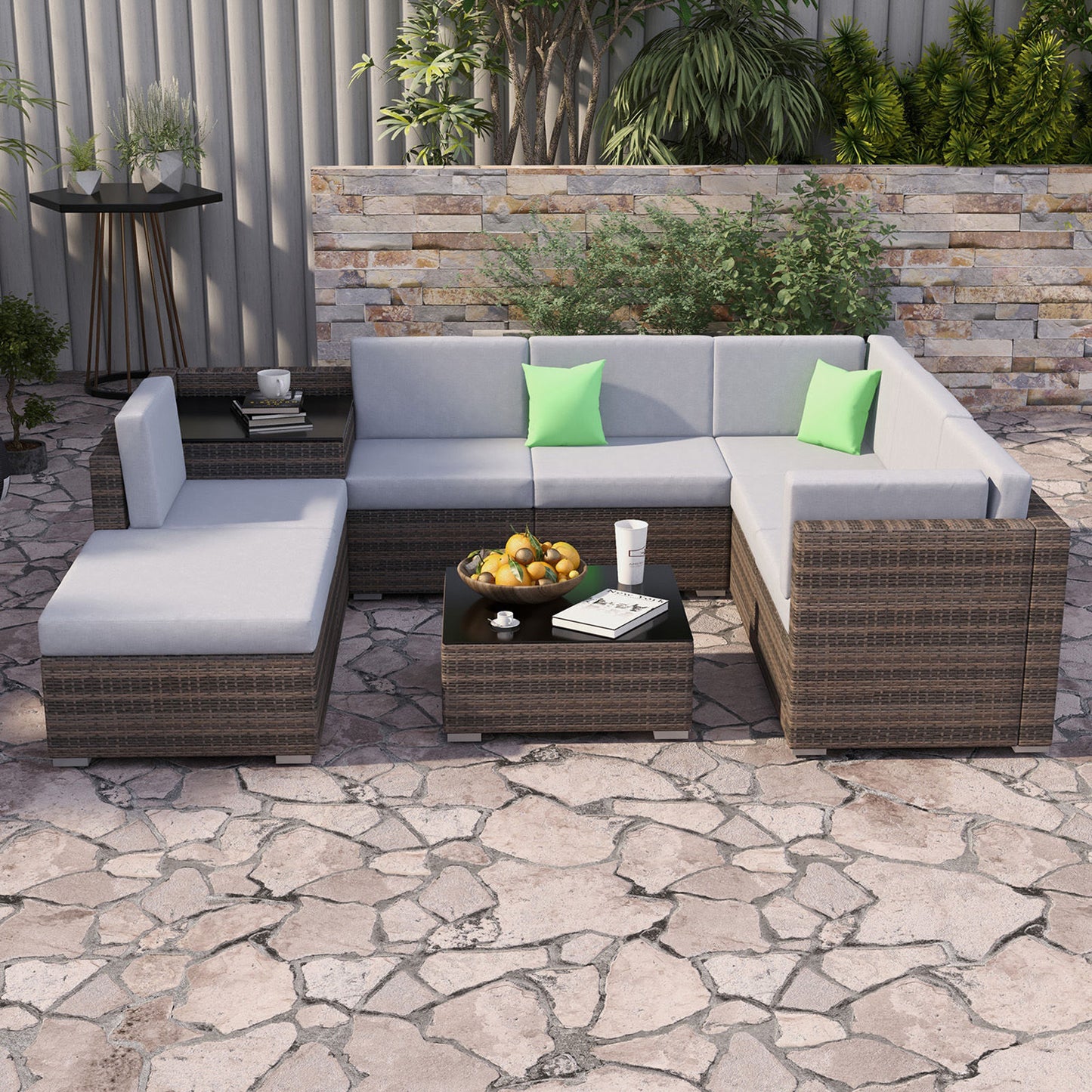 Calvis 8-Seater Oatmeal Rattan Set 9-Piece Outdoor Sofa - Black & Grey