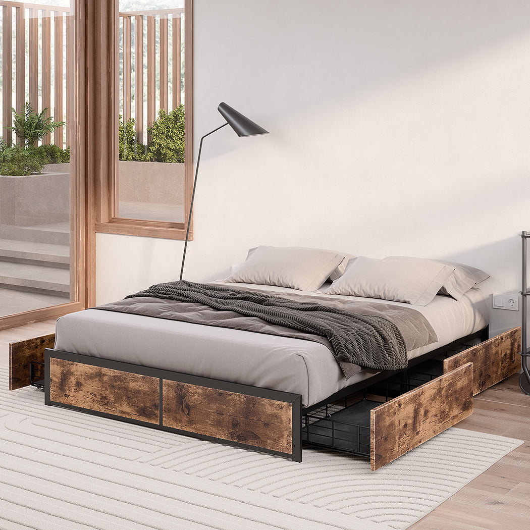 Neri Metal Bed Frame Platform Wooden with 4 Drawers - Black & Wood Double