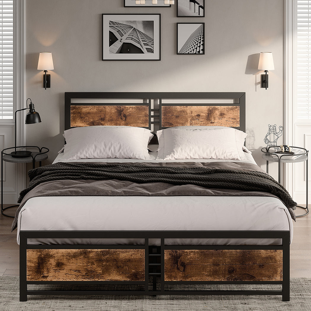 Royal Metal Bed Frame Base Platform Wooden Headboard - Black Double