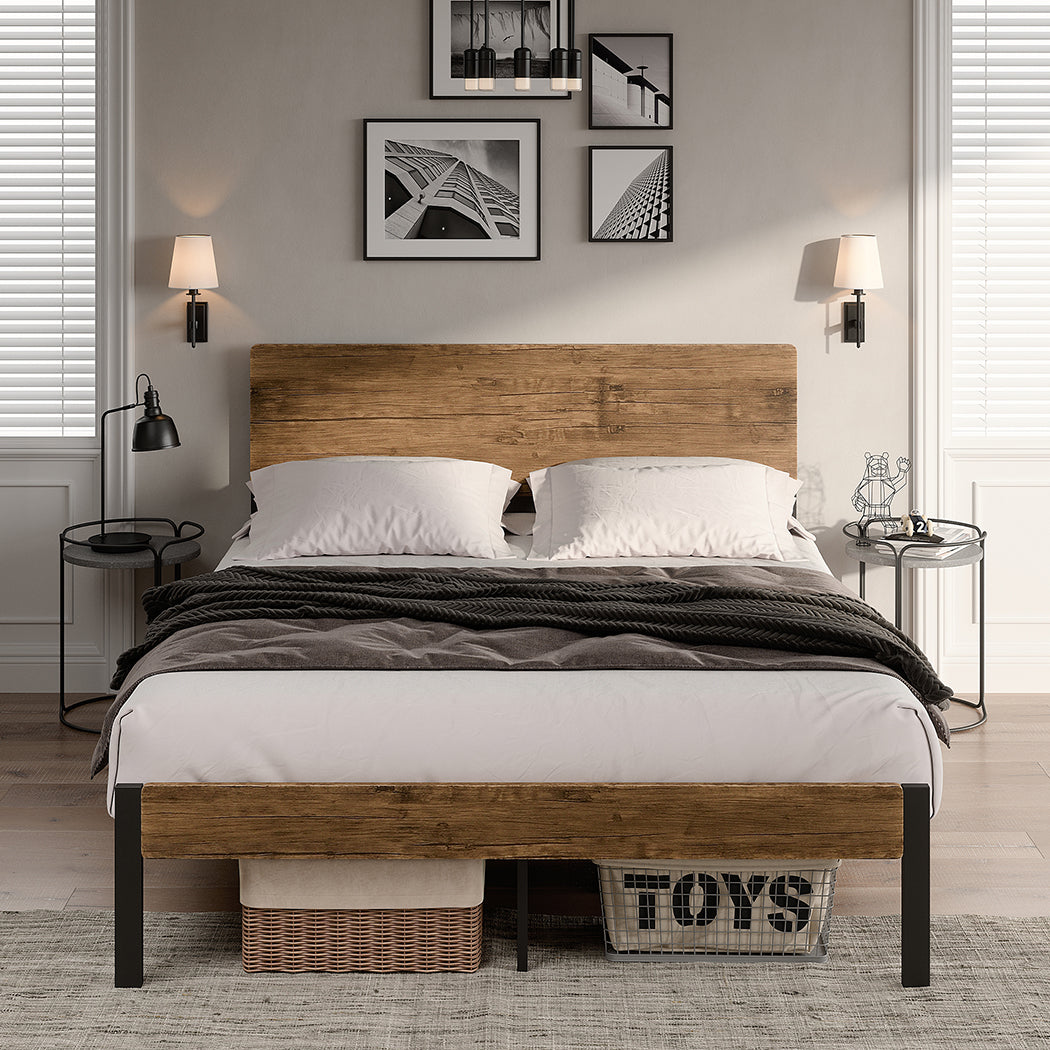 Ruden Metal Bed Frame Base Platform Wooden Headboard - Brown King