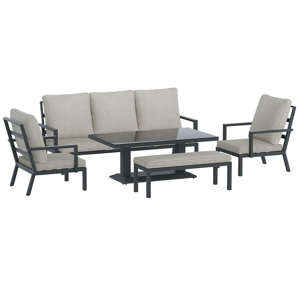 Arlo 7-Seater Lounge Set Garden Patio Aluminium Bench with Cushions 5-Piece Outdoor Sofa - Black