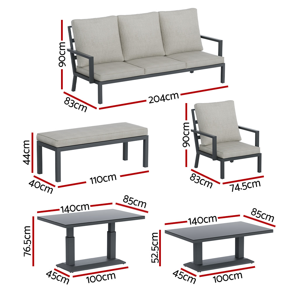 Arlo 7-Seater Lounge Set Garden Patio Aluminium Bench with Cushions 5-Piece Outdoor Sofa - Black