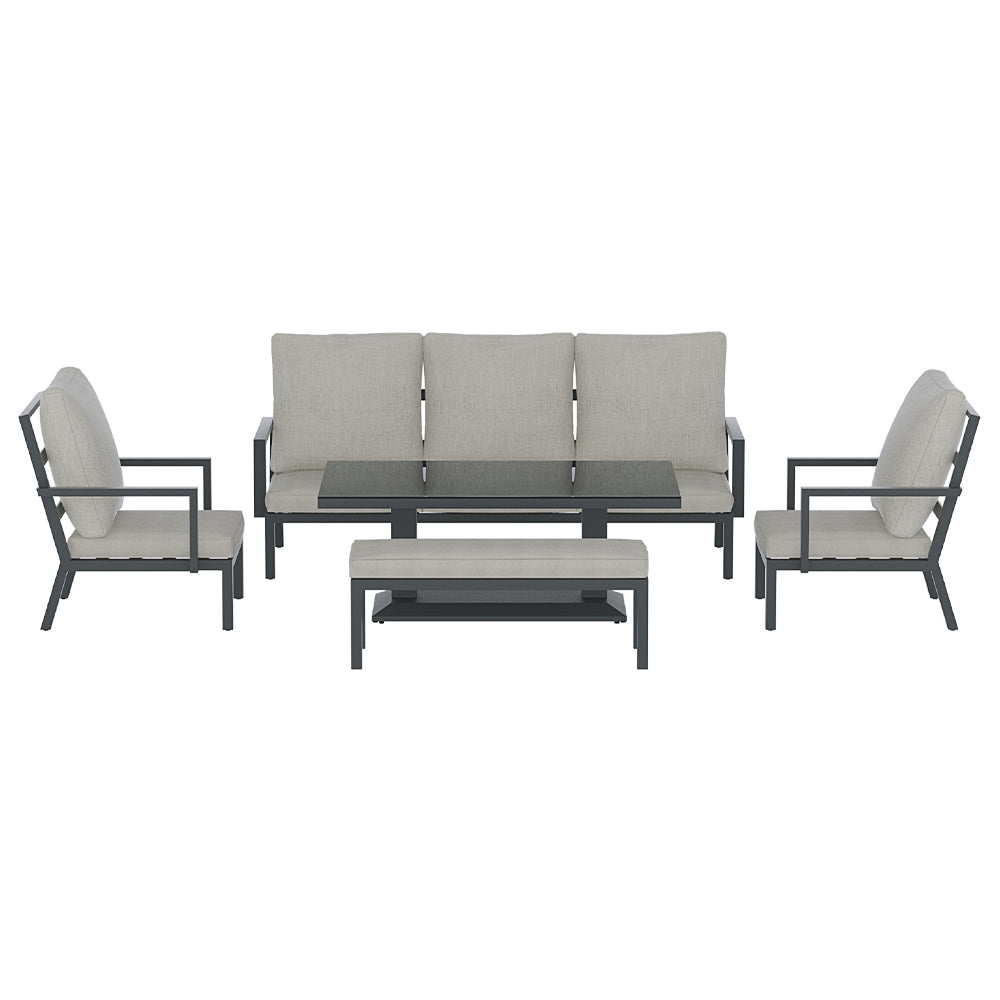 Arlo 7-Seater Lounge Set Garden Patio Aluminium Bench with Cushions 5-Piece Outdoor Sofa - Black