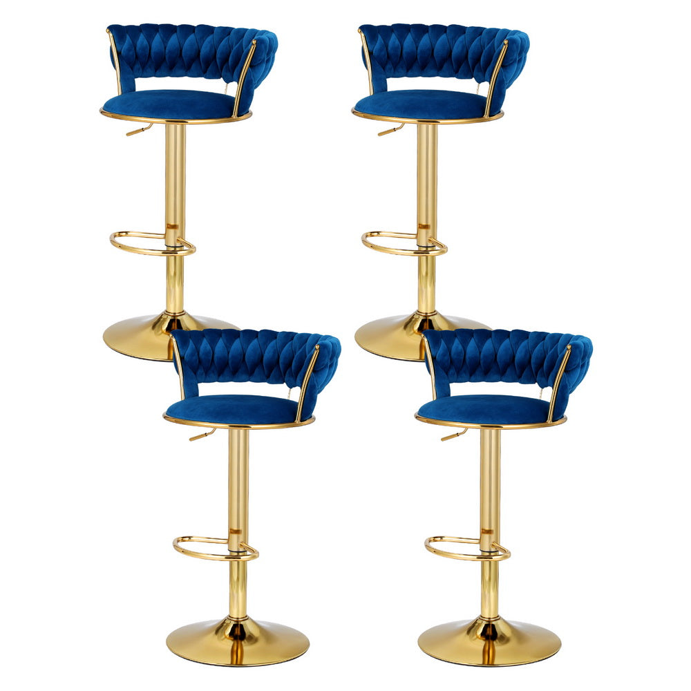 Set of 4 Saldus Bar Stools Gas Lift Velvet Woven Backrest - Navy