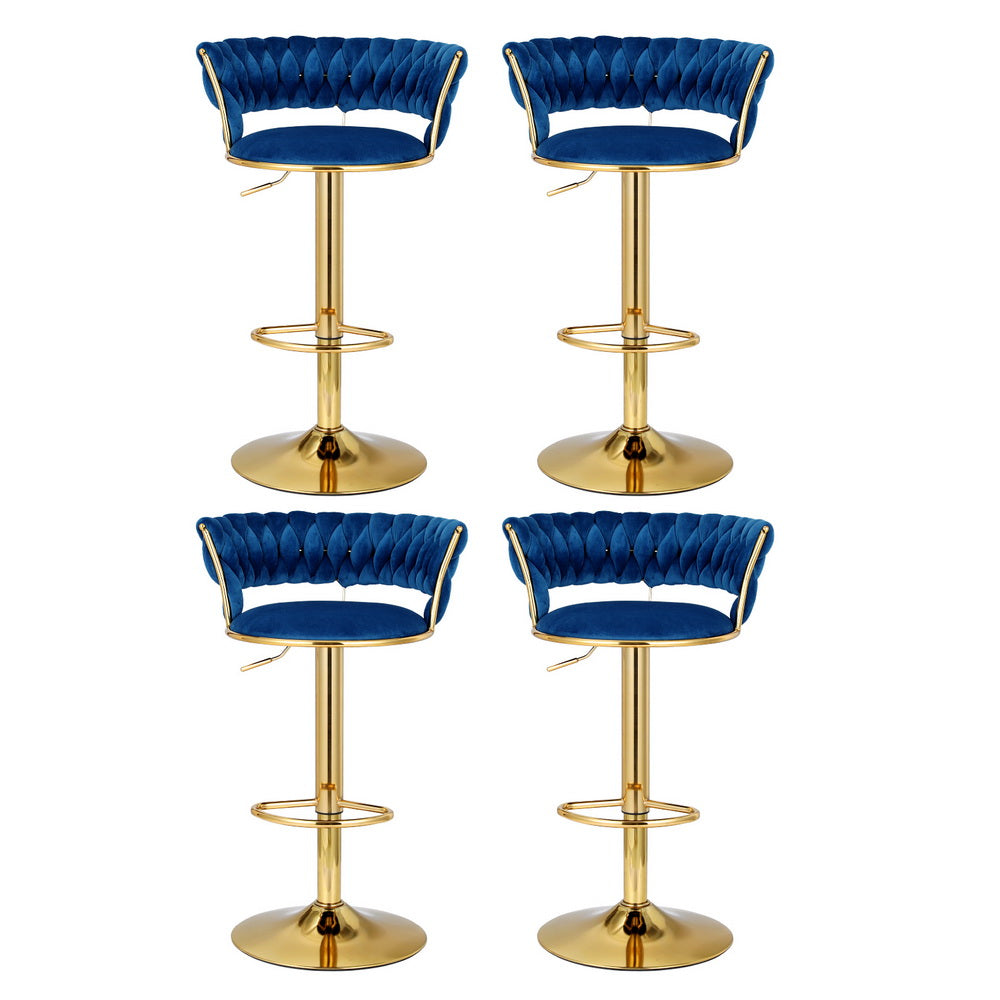 Set of 4 Saldus Bar Stools Gas Lift Velvet Woven Backrest - Navy