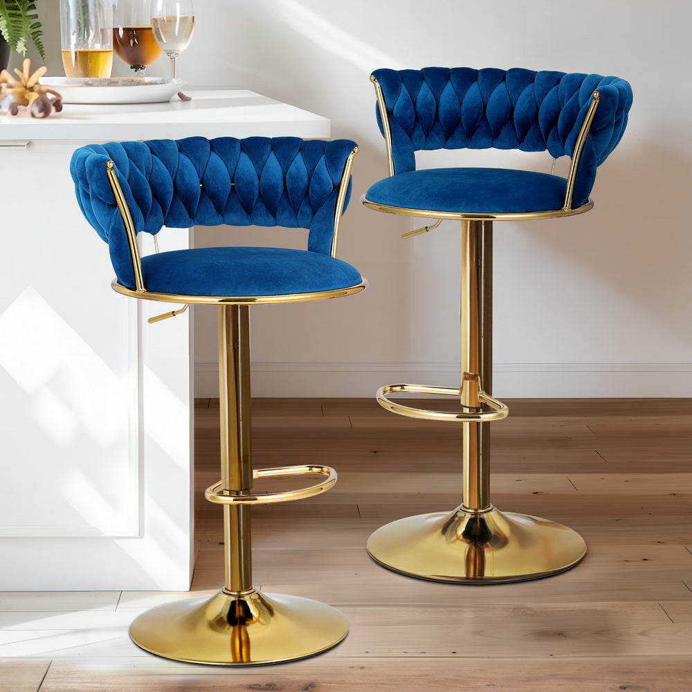 Set of 4 Saldus Bar Stools Gas Lift Velvet Woven Backrest - Navy