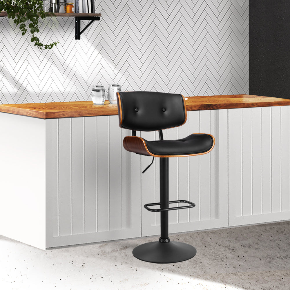 85cm Ancona Bar Stool Gas Lift Wooden PU Leather - Black