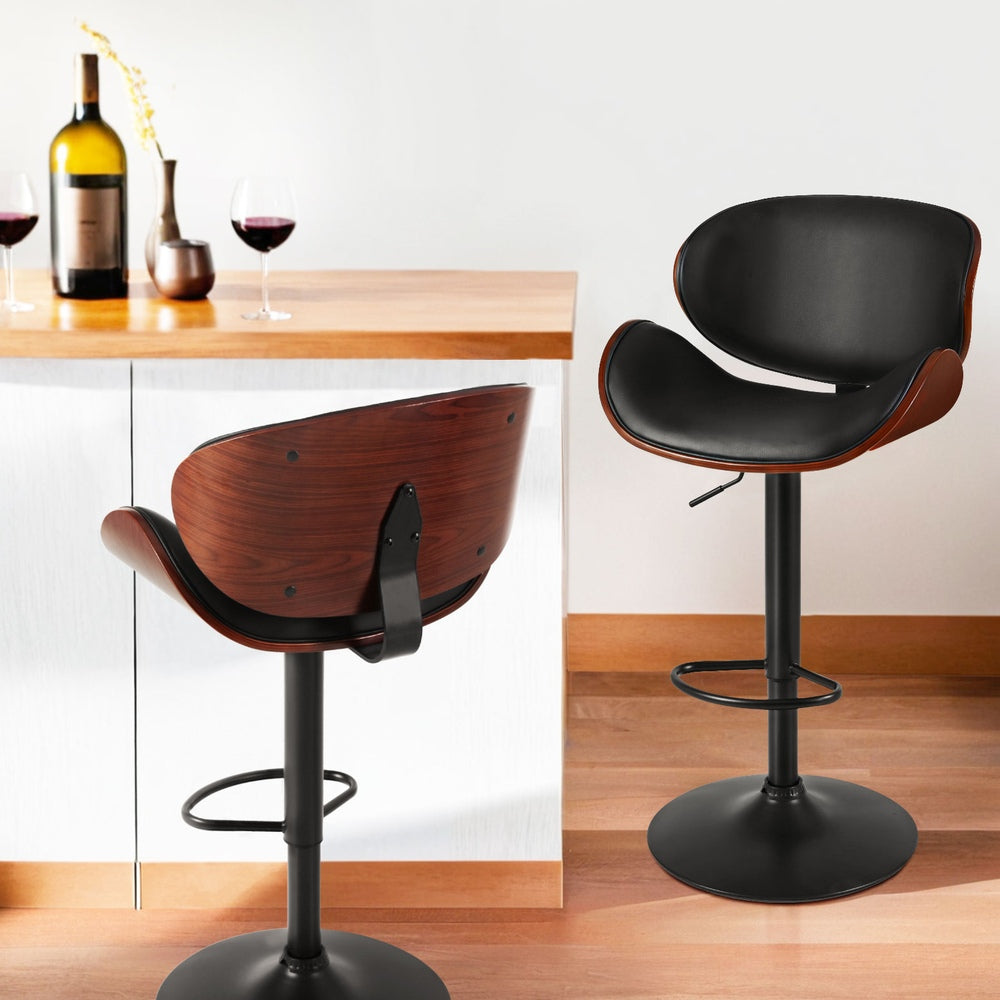 Set of 4 Rouen Bar Stools Gas Lift Leather Padded - Black