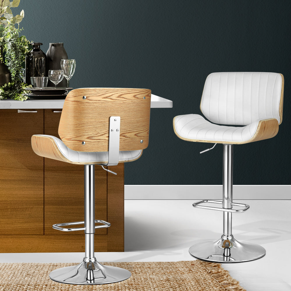 Set of 2 Preston Bar Stools Adjustable Leather Chairs - White