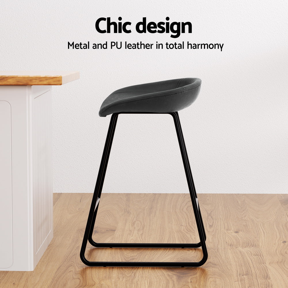 Set of 2 Caracas Bar Stools Kitchen Dining Chairs Counter Stool PU Leather Metal - Black