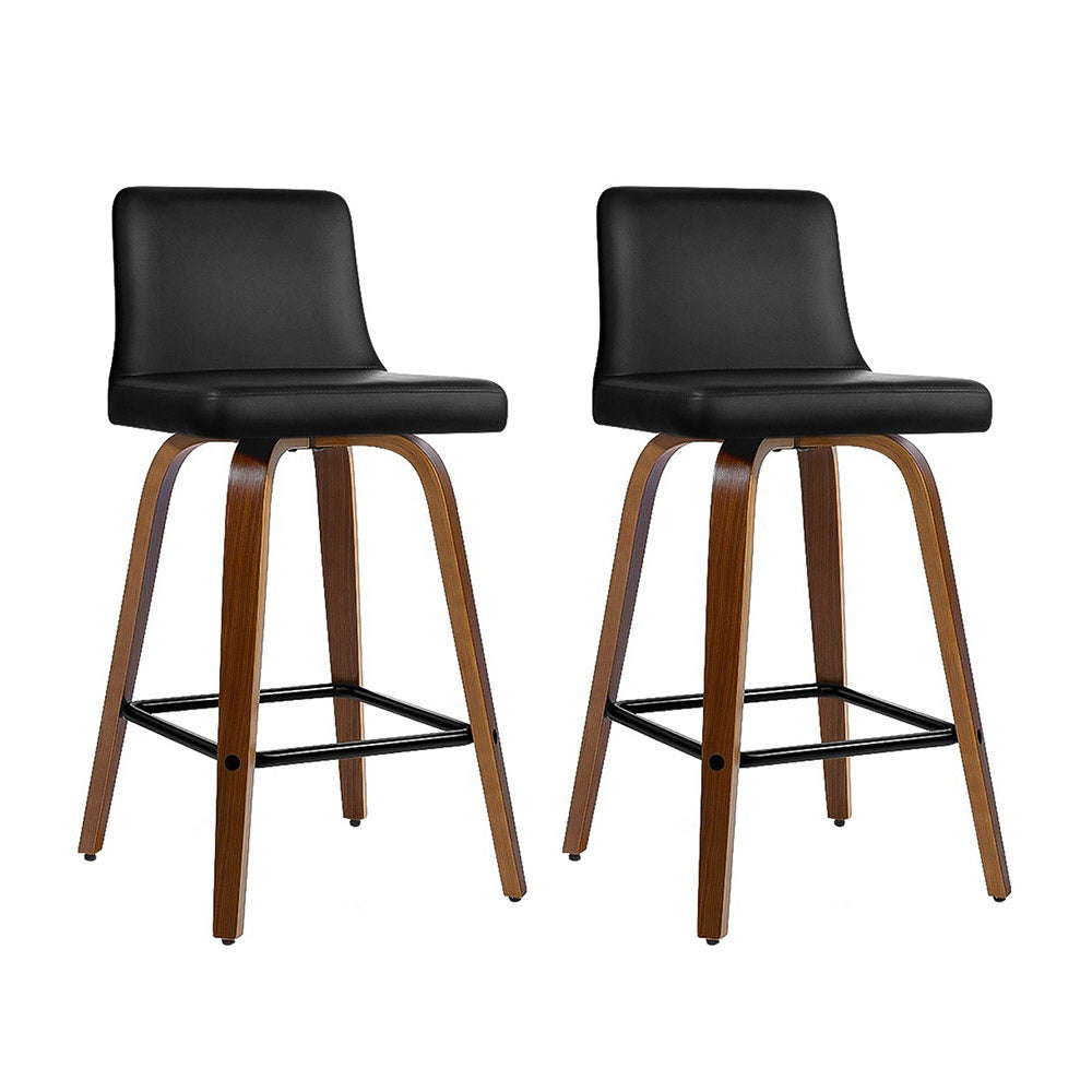 Set of 2 Florina Wooden PU Leather Bar Stool Wood Legs - Black & Brown