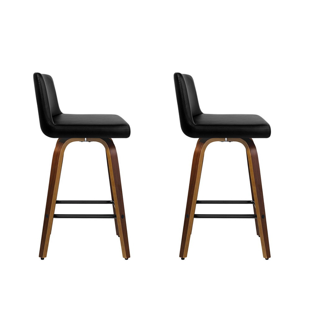 Set of 2 Florina Wooden PU Leather Bar Stool Wood Legs - Black & Brown