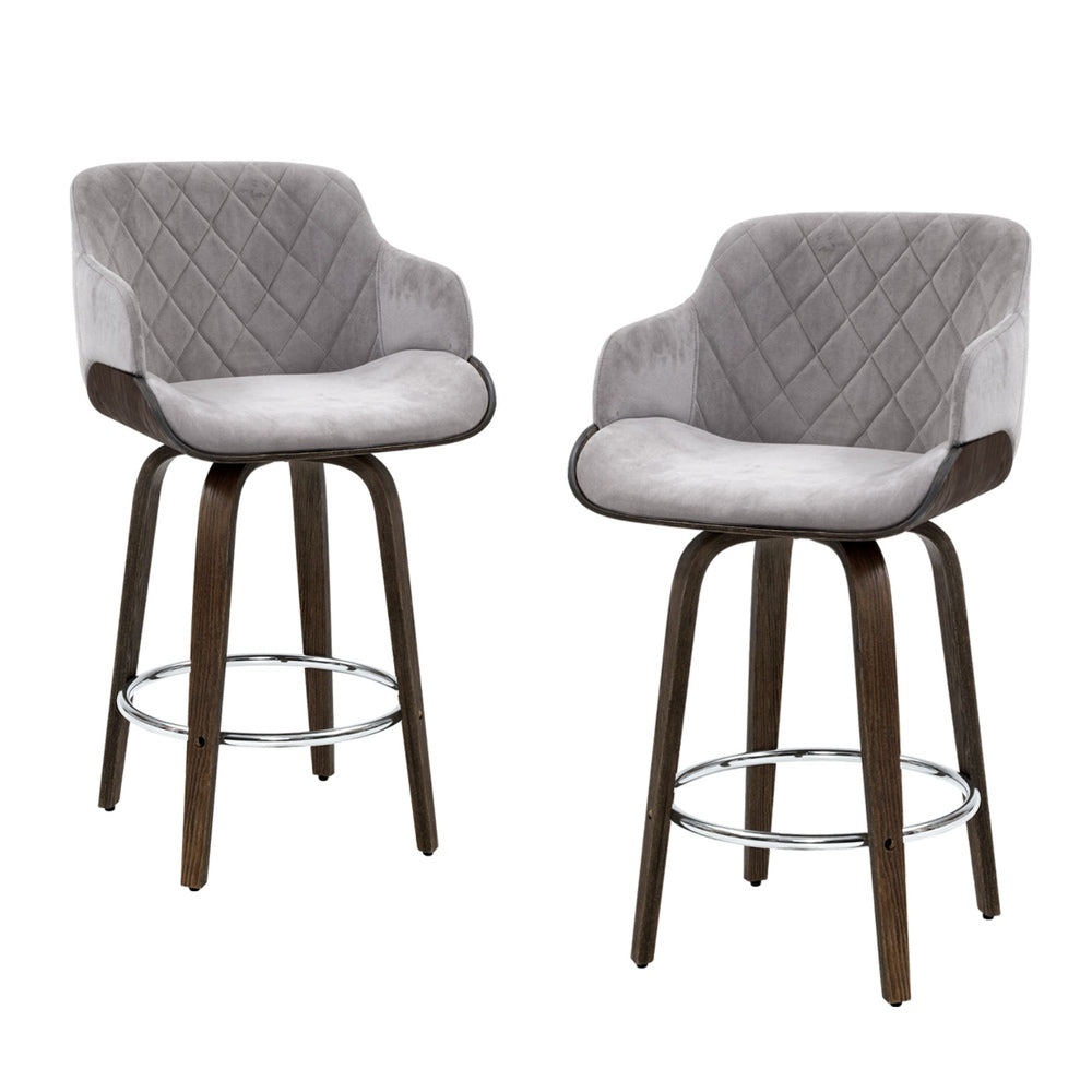 Set of 4 Lleida Bar Stools Swivel Velvet Padded Wooden - Grey