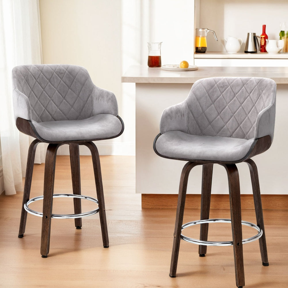 Set of 4 Lleida Bar Stools Swivel Velvet Padded Wooden - Grey