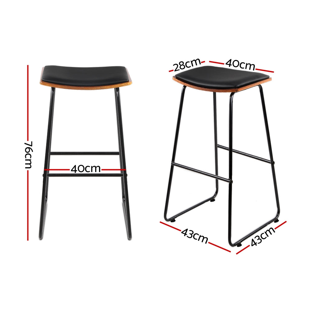 Set of 2 Tiel Backless PU Leather Bar Stools - Black & Wood