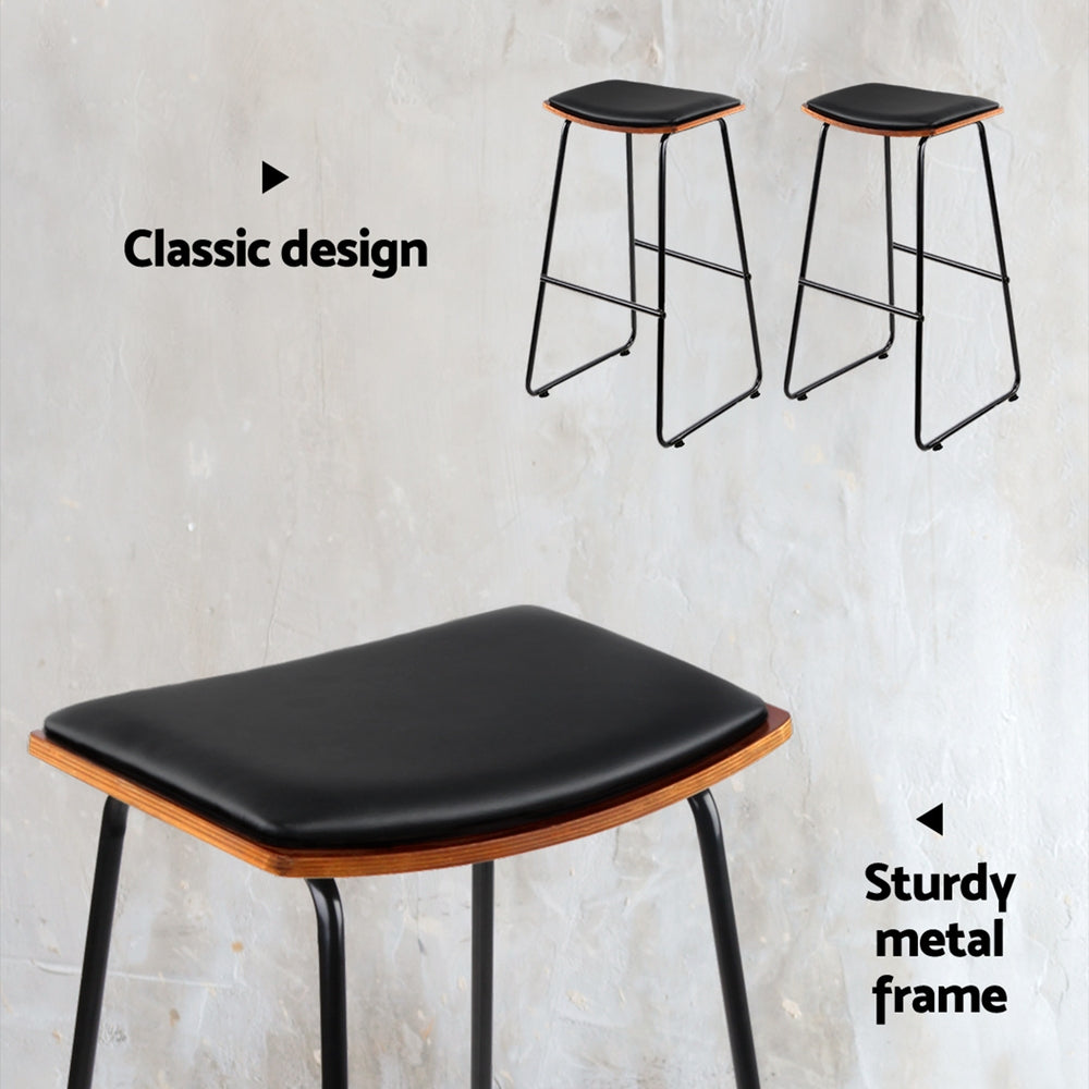 Set of 2 Tiel Backless PU Leather Bar Stools - Black & Wood