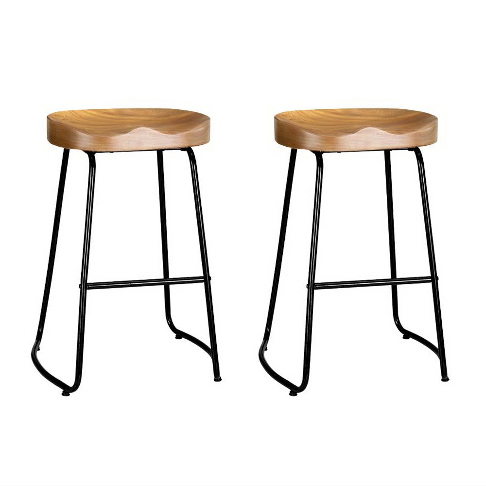 Set of 2 Reggio 65cm Elm Wood Backless Bar Stools - Black & Natural