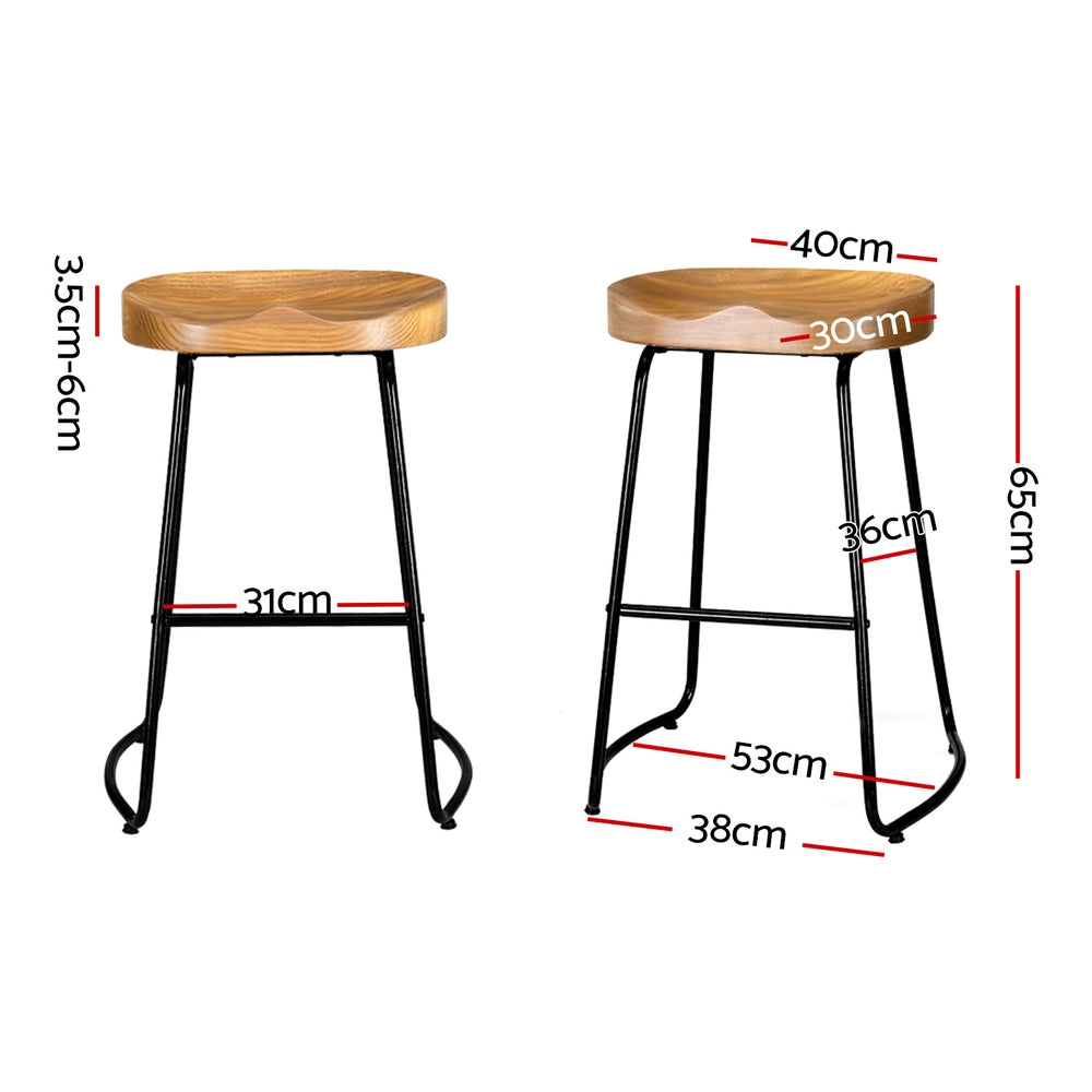 Set of 2 Reggio 65cm Elm Wood Backless Bar Stools - Black & Natural