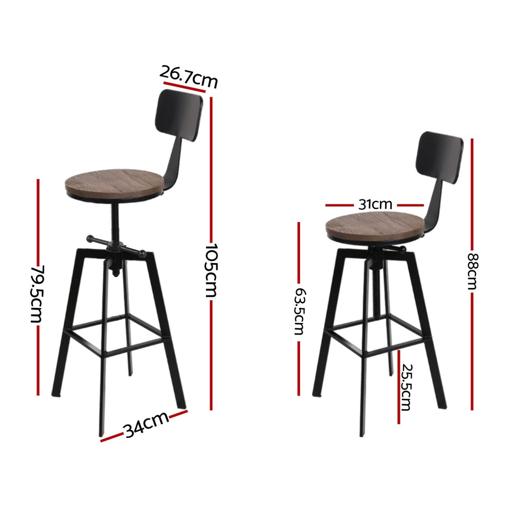 Set of 4 Perugia Bar Stools Kitchen Dining Chairs Adjustable Wood Stool with Backrest - Black