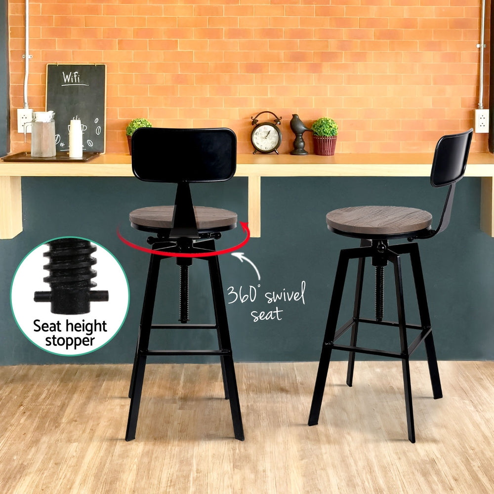 Set of 4 Perugia Bar Stools Kitchen Dining Chairs Adjustable Wood Stool with Backrest - Black