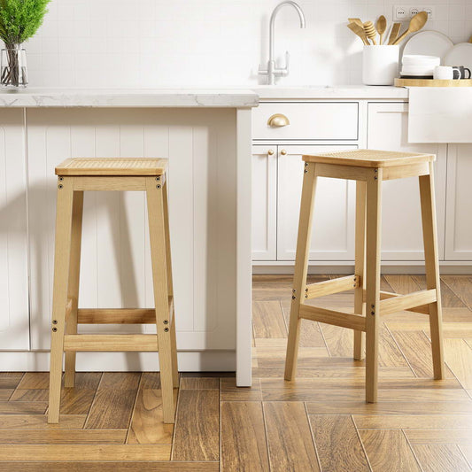 Set of 2 Brussels Bar Stools Rubber Wood Stool Counter Chair Rattan Barstools Kitchen - Natural Wood