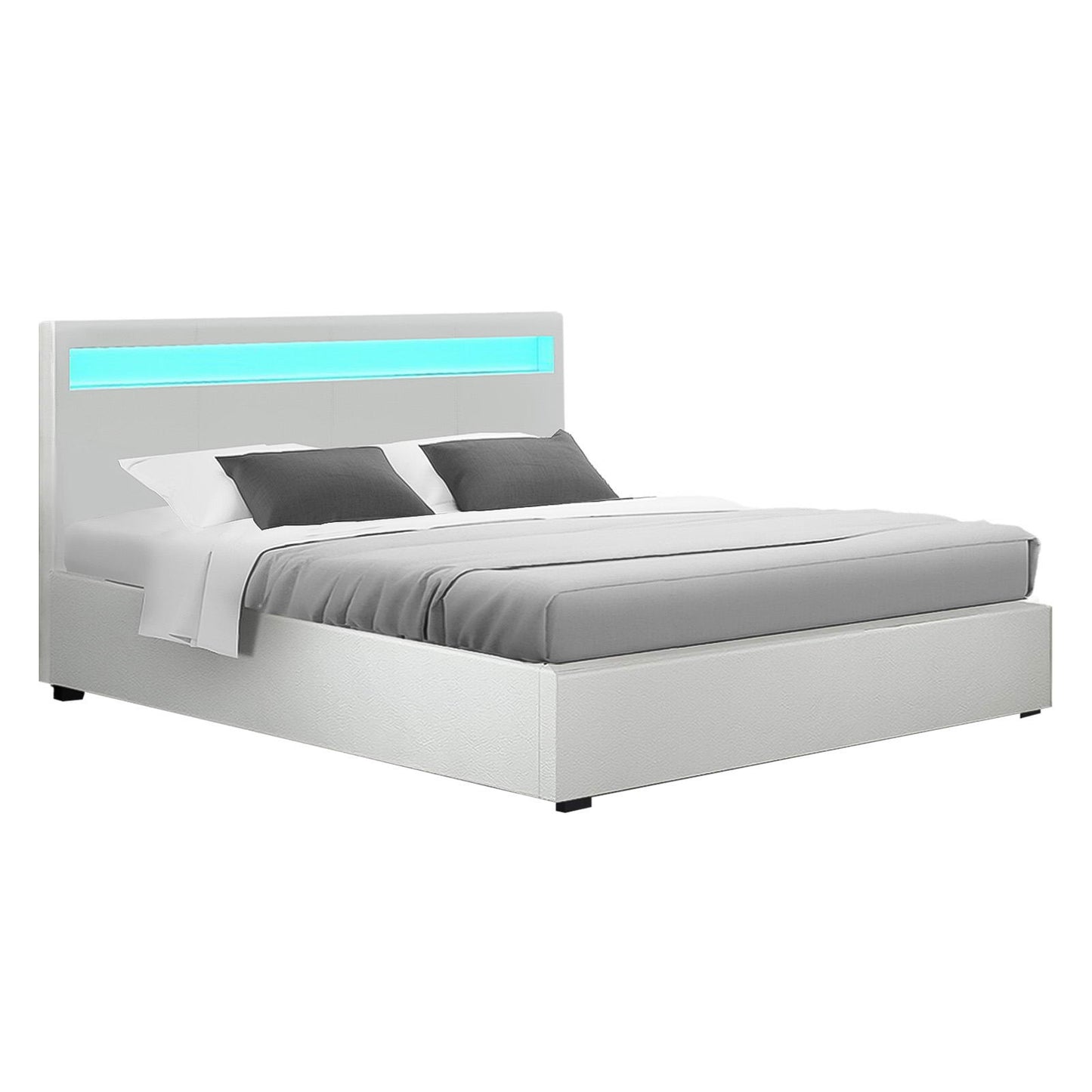 Boston LED Bed Frame PU Leather Gas Lift Storage - White Double