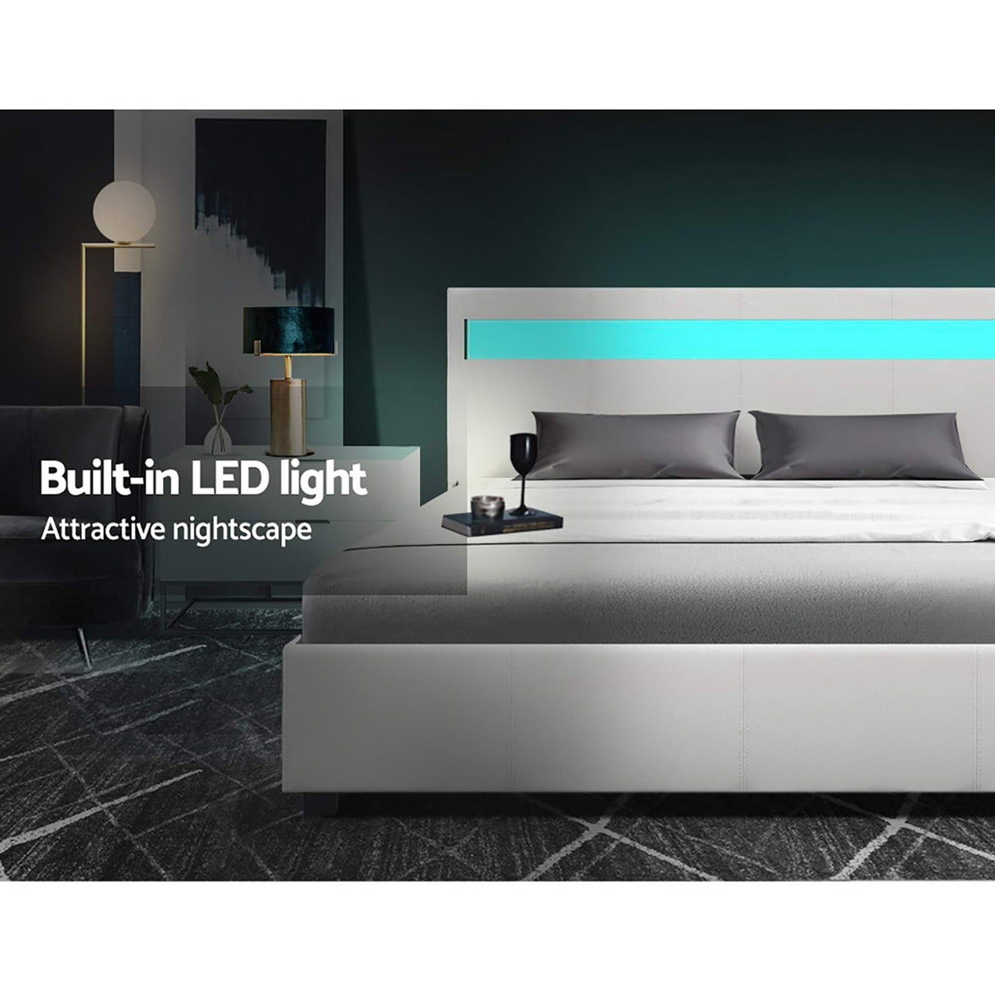 Boston LED Bed Frame PU Leather Gas Lift Storage - White Double