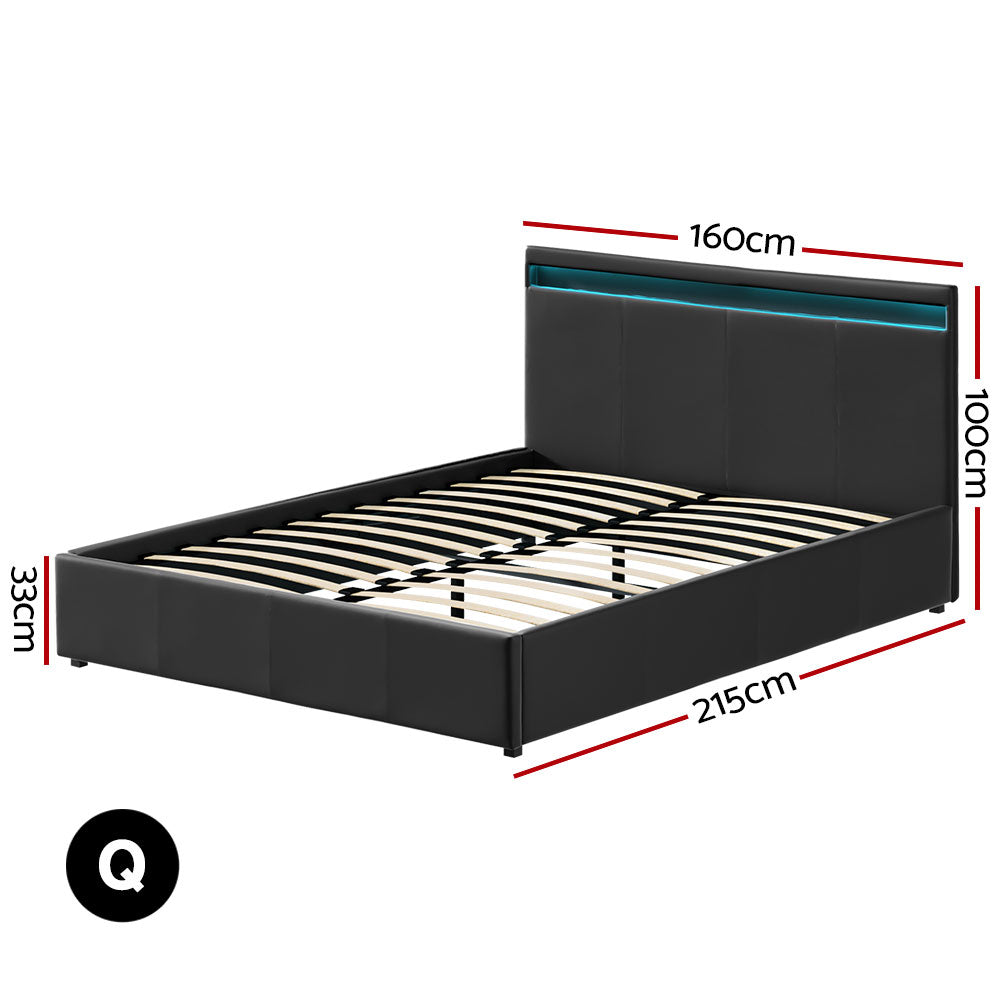 Boston LED Bed Frame Leather Gas Lift Storage - Black Queen