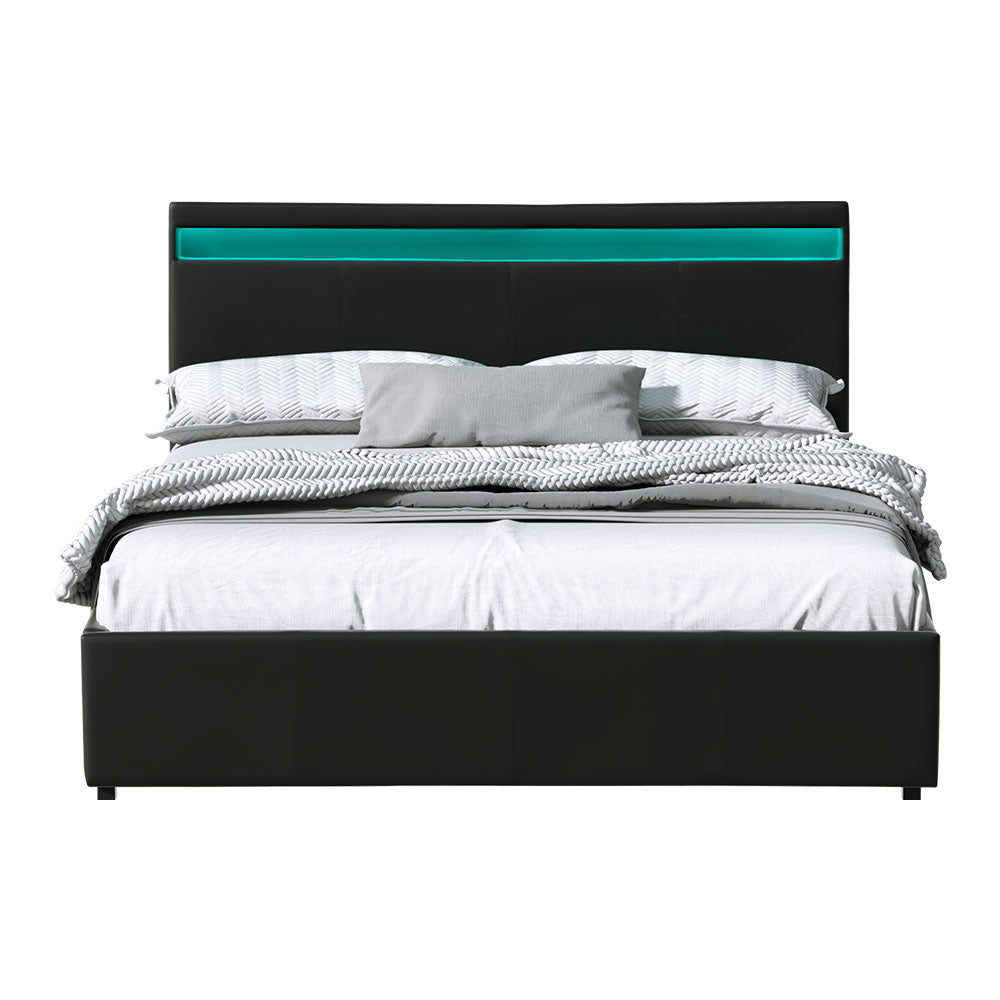 Boston LED Bed Frame Leather Gas Lift Storage - Black Queen