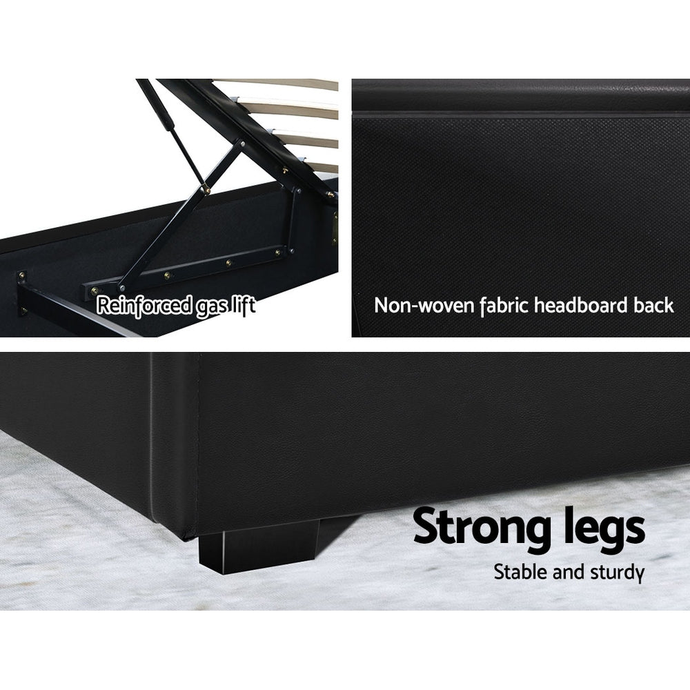 Boston LED Bed Frame Leather Gas Lift Storage - Black Queen