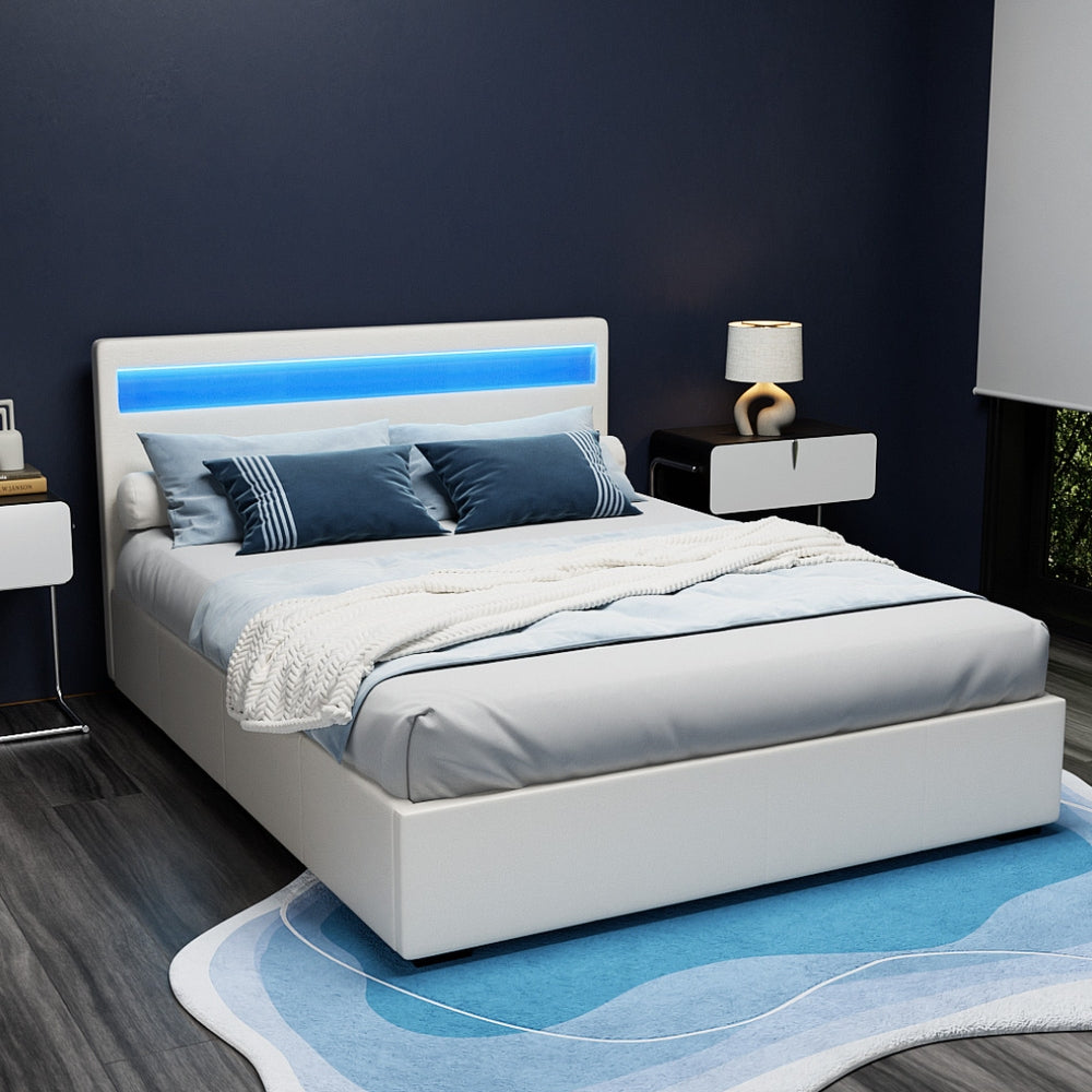 Boston LED Bed Frame PU Leather Gas Lift Storage - White Queen