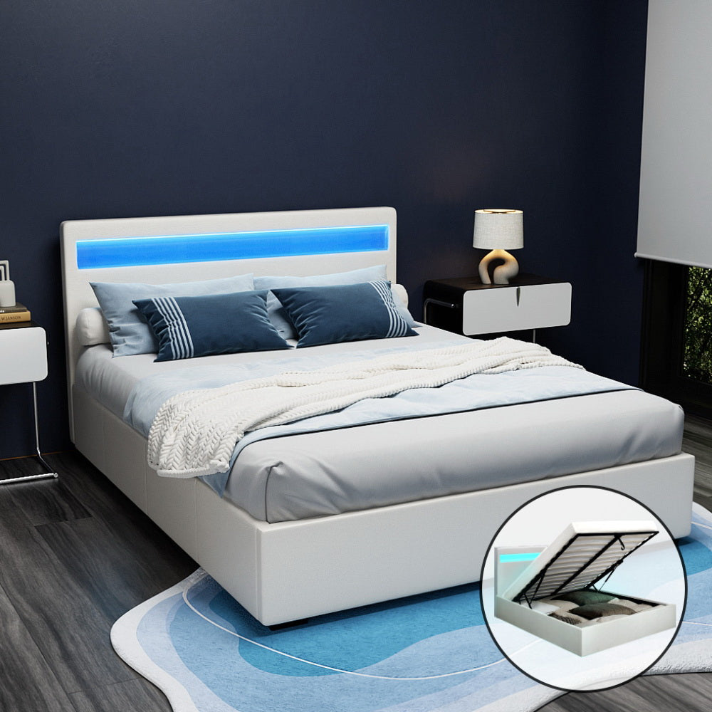 Boston LED Bed Frame PU Leather Gas Lift Storage - White Queen