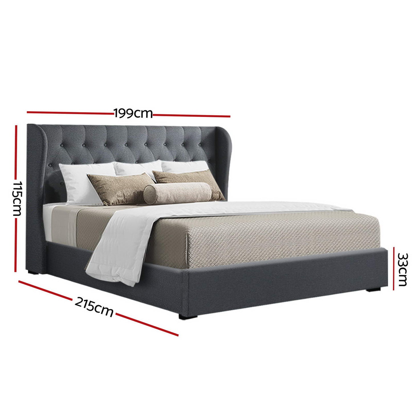 Lucca Bed Frame Fabric Gas Lift Storage - Charcoal King