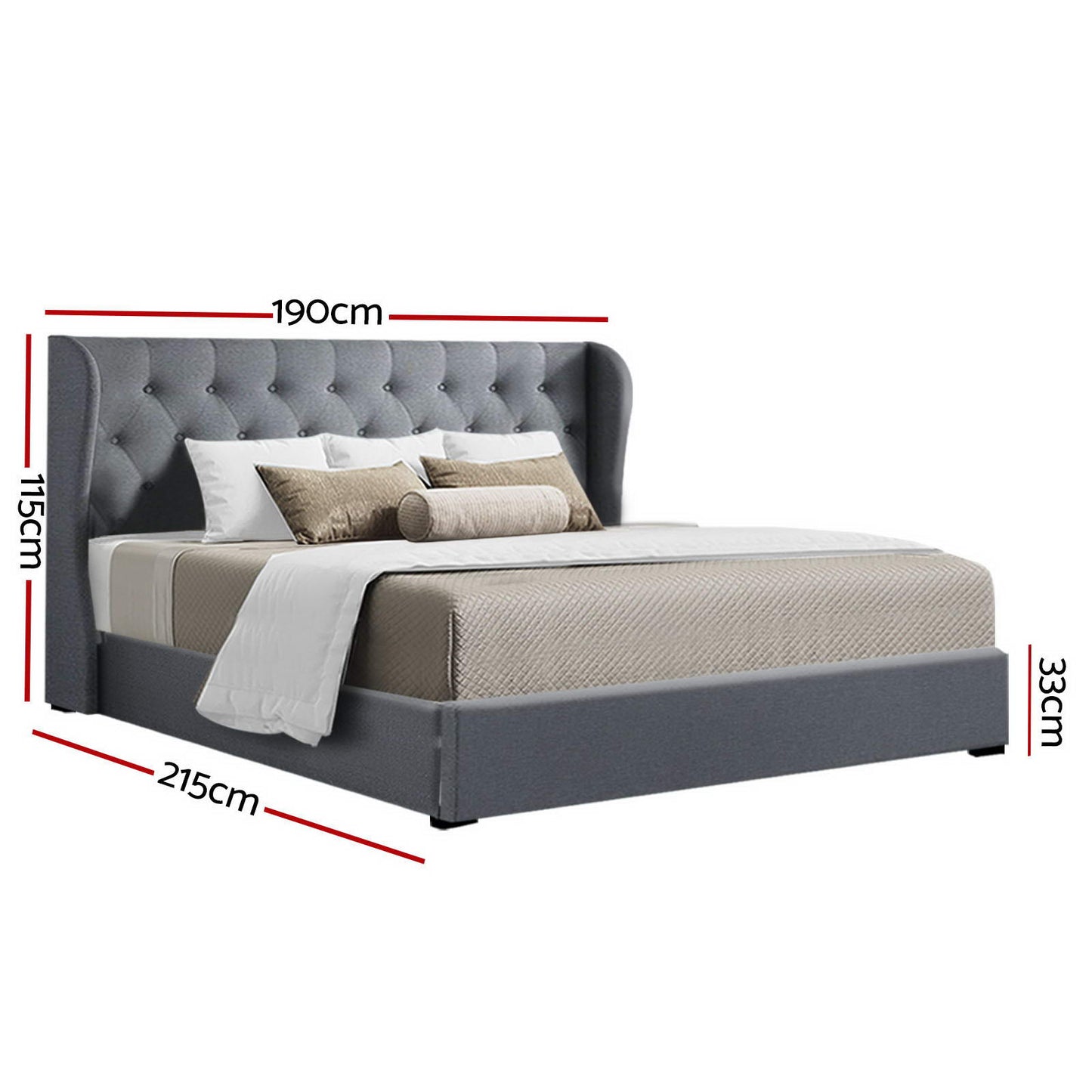 Lucca Bed Frame Fabric Gas Lift Storage - Grey King