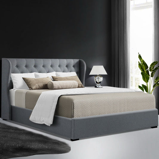 Lucca Bed Frame Fabric Gas Lift Storage - Grey Queen