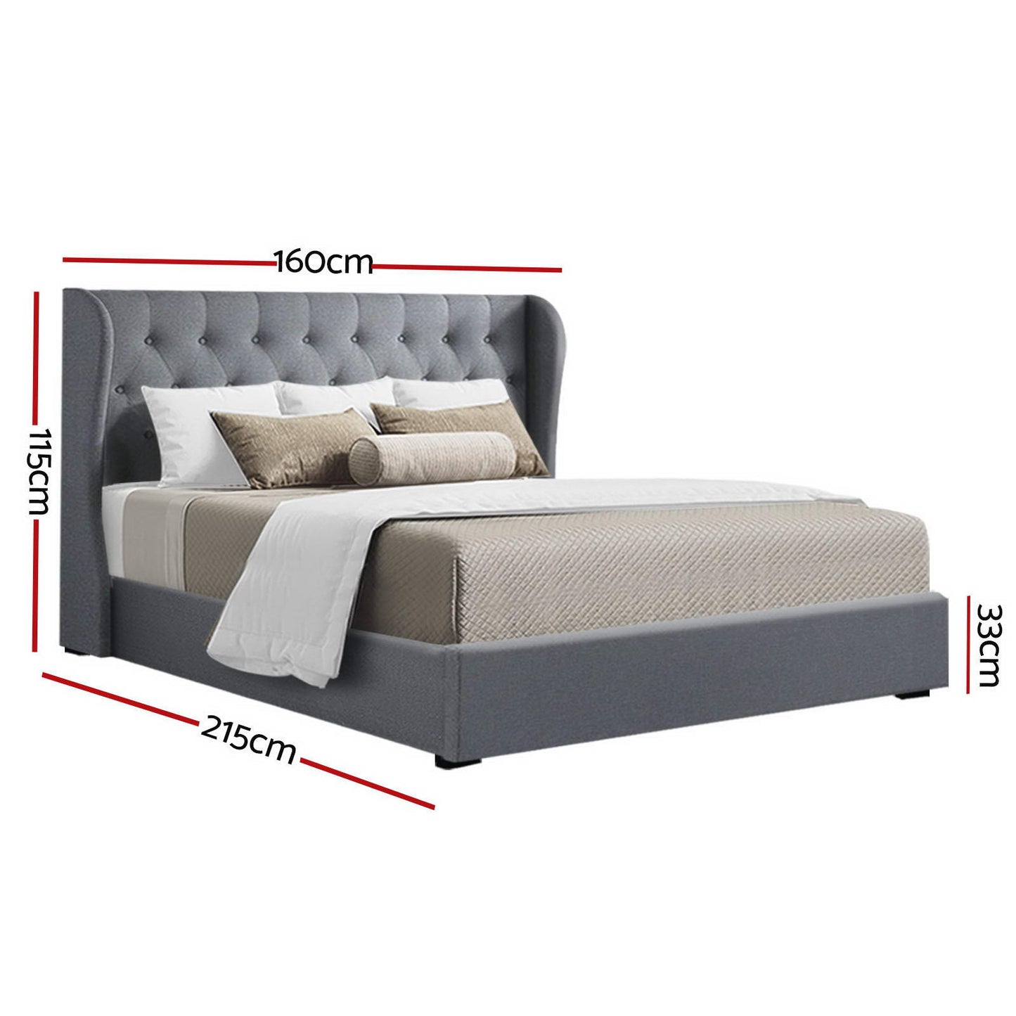 Lucca Bed Frame Fabric Gas Lift Storage - Grey Queen