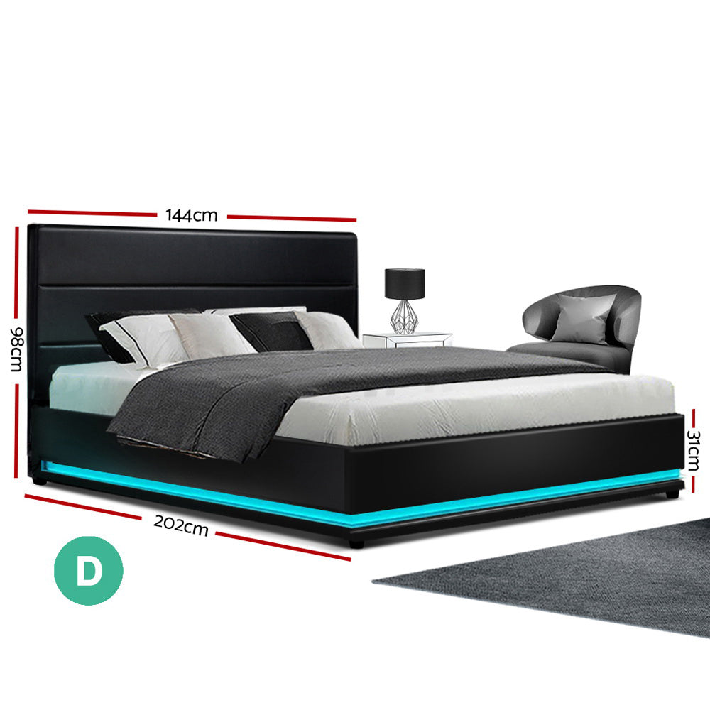 Azalea LED Black Bed Frame Leather Gas Lift Storage - Double