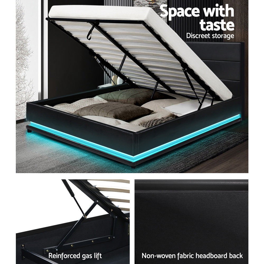 Azalea LED Black Bed Frame Leather Gas Lift Storage - Double