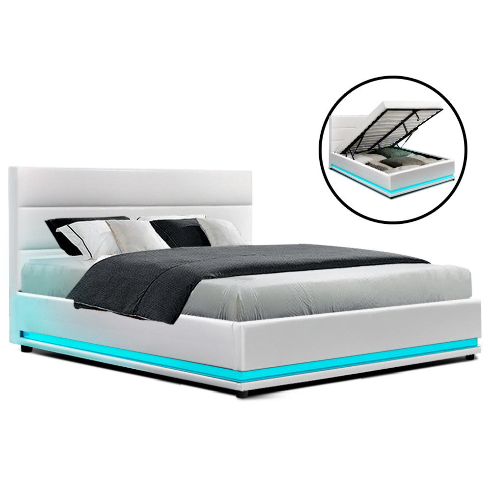 Azalea LED White Bed Frame PU Leather Gas Lift Storage - Double